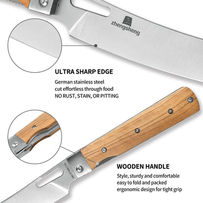 Folding Chef Knife 4.8” Ultra Sharp 440A Stainless Steel Blade Natural Olive Handle Pocket Foldable Japanese Style Kitchen Knife for Outdoor Camping BBQ trip Cooking
