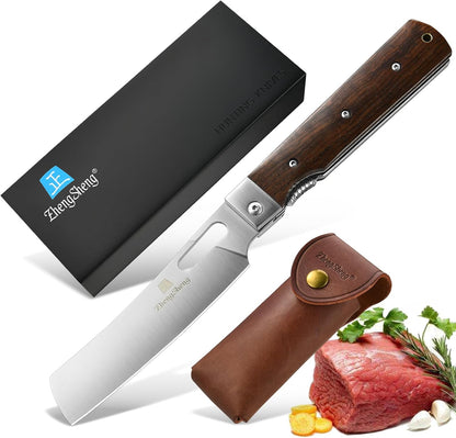Folding Chef Knife 4.8” Ultra Sharp 440A Stainless Steel Blade Natural Olive Handle Pocket Foldable Japanese Style Kitchen Knife for Outdoor Camping BBQ trip Cooking