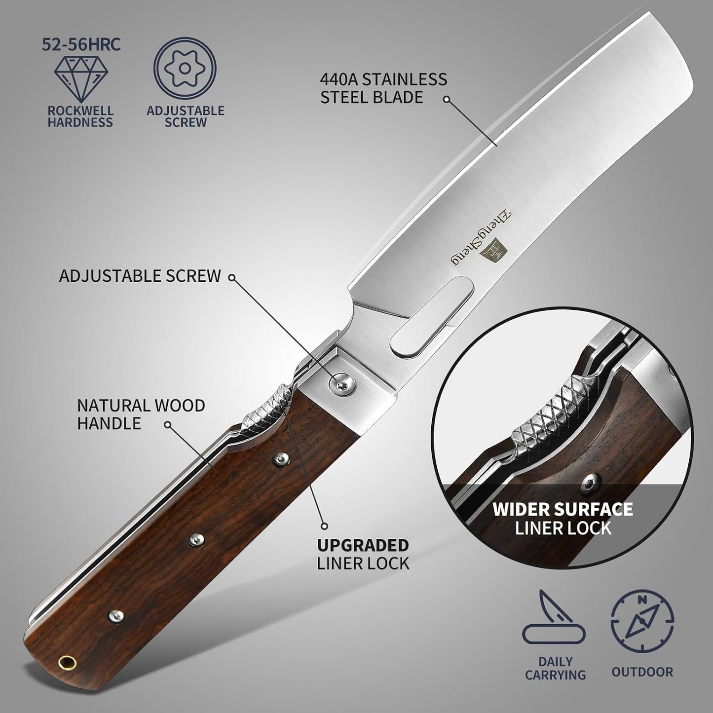 Folding Chef Knife 4.8” Ultra Sharp 440A Stainless Steel Blade Natural Olive Handle Pocket Foldable Japanese Style Kitchen Knife for Outdoor Camping BBQ trip Cooking