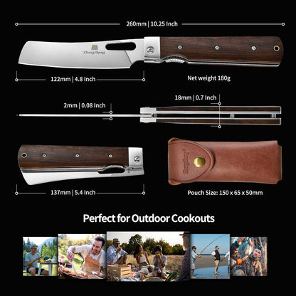 Folding Chef Knife 4.8” Ultra Sharp 440A Stainless Steel Blade Natural Olive Handle Pocket Foldable Japanese Style Kitchen Knife for Outdoor Camping BBQ trip Cooking