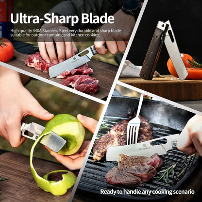 Folding Chef Knife 4.8” Ultra Sharp 440A Stainless Steel Blade Natural Olive Handle Pocket Foldable Japanese Style Kitchen Knife for Outdoor Camping BBQ trip Cooking