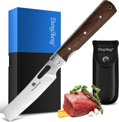 Folding Chef Knife 4.8” Ultra Sharp 440A Stainless Steel Blade Natural Olive Handle Pocket Foldable Japanese Style Kitchen Knife for Outdoor Camping BBQ trip Cooking