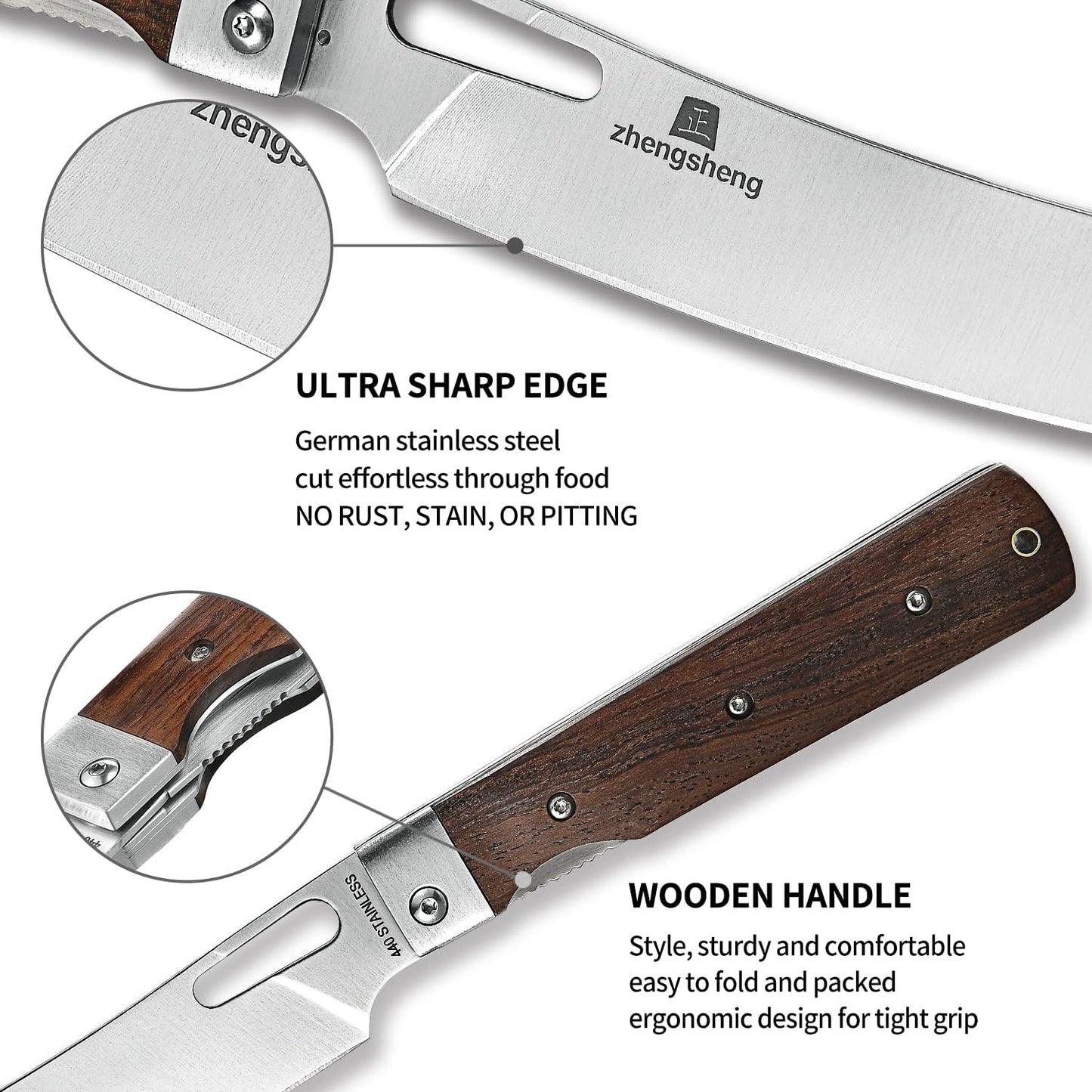 Folding Chef Knife 4.8” Ultra Sharp 440A Stainless Steel Blade Natural Olive Handle Pocket Foldable Japanese Style Kitchen Knife for Outdoor Camping BBQ trip Cooking