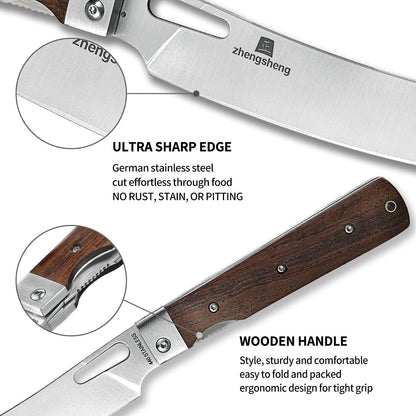 Folding Chef Knife 4.8” Ultra Sharp 440A Stainless Steel Blade Natural Olive Handle Pocket Foldable Japanese Style Kitchen Knife for Outdoor Camping BBQ trip Cooking