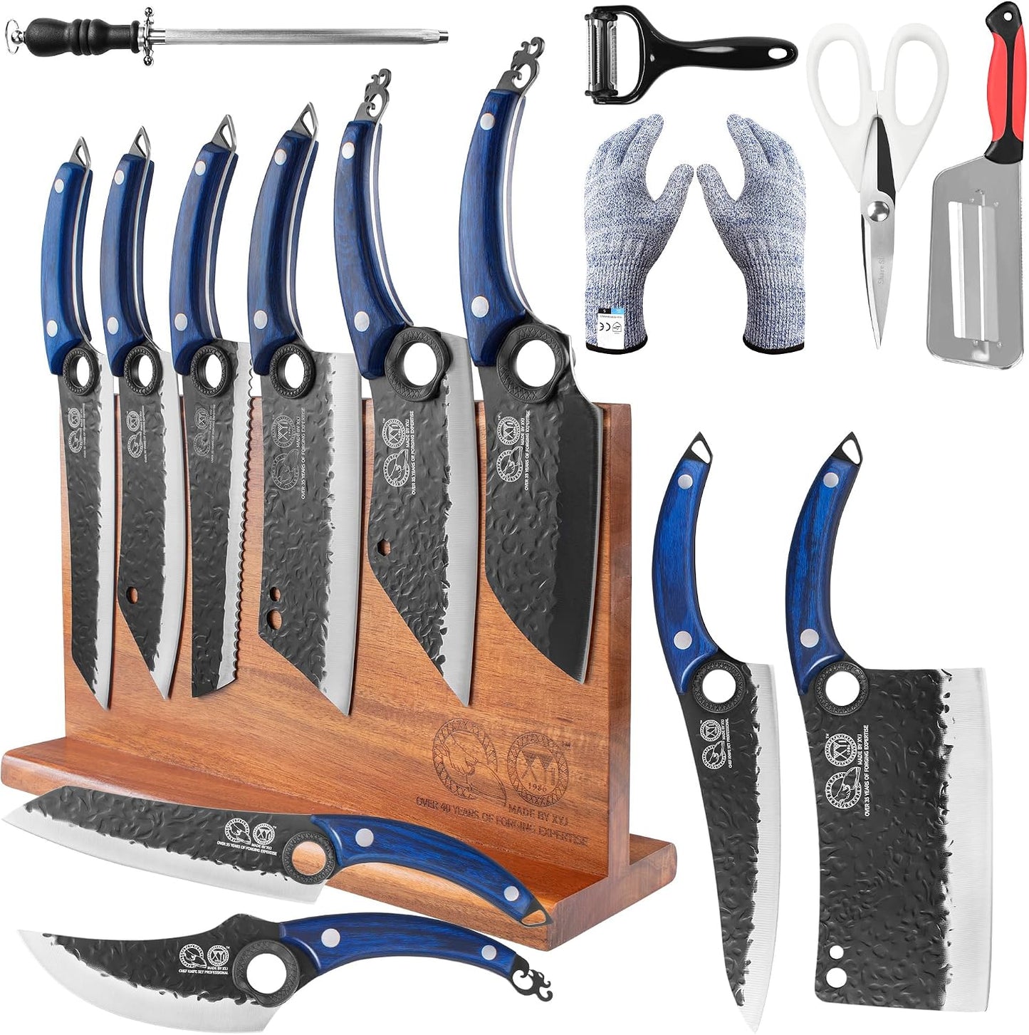 Authentic Since 1986, Kitchen Knives Set with Wood Magnetic Knife Block, Scissors, Honing Steel, Peeler, Gloves, Meat Boning Slicing Cooking Bread Vegetable Chef Knives