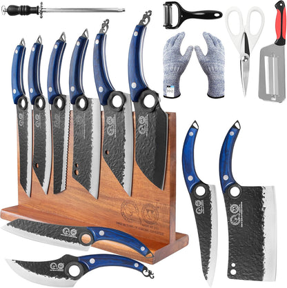 Authentic Since 1986, Kitchen Knives Set with Wood Magnetic Knife Block, Scissors, Honing Steel, Peeler, Gloves, Meat Boning Slicing Cooking Bread Vegetable Chef Knives