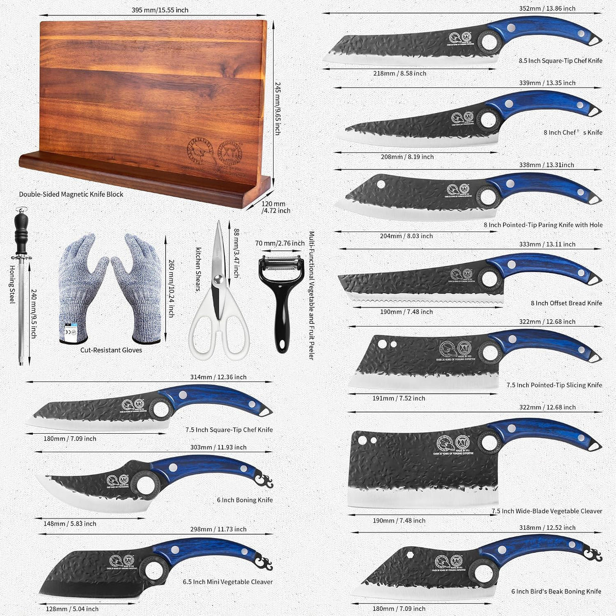 Authentic Since 1986, Kitchen Knives Set with Wood Magnetic Knife Block, Scissors, Honing Steel, Peeler, Gloves, Meat Boning Slicing Cooking Bread Vegetable Chef Knives