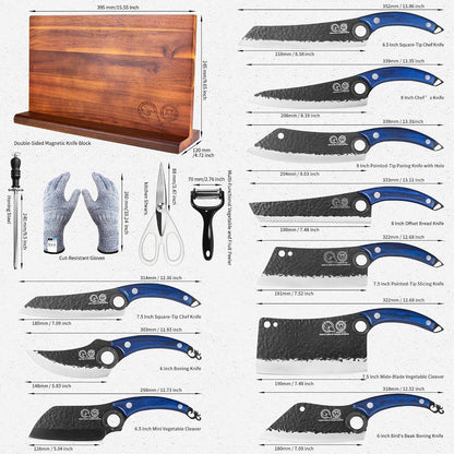 Authentic Since 1986, Kitchen Knives Set with Wood Magnetic Knife Block, Scissors, Honing Steel, Peeler, Gloves, Meat Boning Slicing Cooking Bread Vegetable Chef Knives