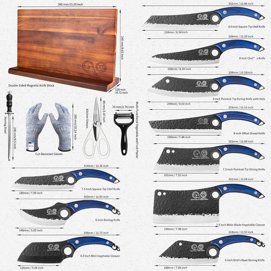 Authentic Since 1986, Kitchen Knives Set with Wood Magnetic Knife Block, Scissors, Honing Steel, Peeler, Gloves, Meat Boning Slicing Cooking Bread Vegetable Chef Knives