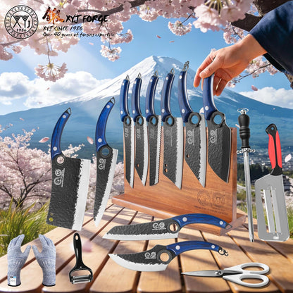 Authentic Since 1986, Kitchen Knives Set with Wood Magnetic Knife Block, Scissors, Honing Steel, Peeler, Gloves, Meat Boning Slicing Cooking Bread Vegetable Chef Knives