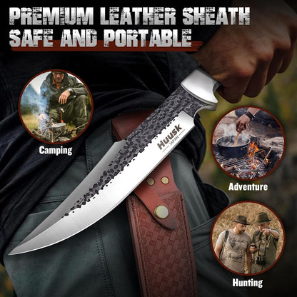 Huusk Fixed Blade Bowie Knife - 8" Hunting Knife with Sheath