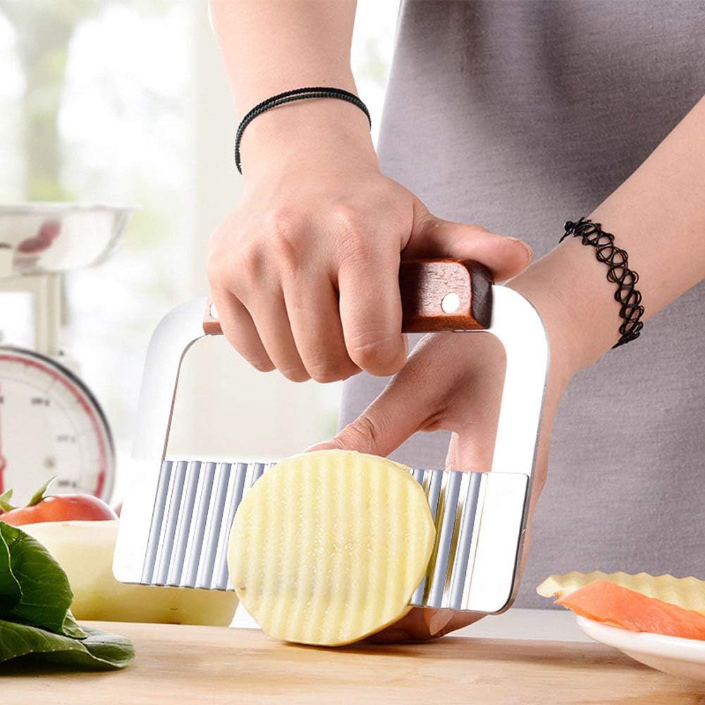 Crinkle Chopper, Wavy Potato Soap Cutting Tool French Fry Slicer Stainless Steel Blade Wooden Handle Serrator Chopping Knife, Set of 2