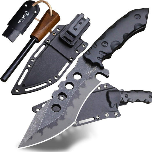 USA 6mm thick 440C steel (10.8in) (full Tang) fixed knife + sheath & (5.9in) cerium igniter, suitable for outdoor camping, survival, adventure, fishing, EDC, hunting knife