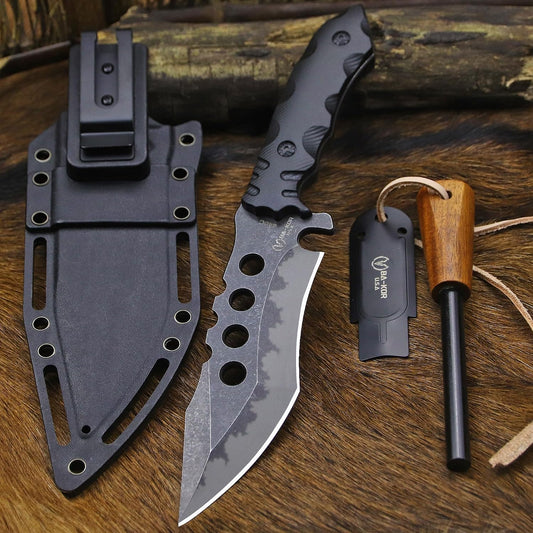 USA 6mm thick 440C steel (10.8in) (full Tang) fixed knife + sheath & (5.9in) cerium igniter, suitable for outdoor camping, survival, adventure, fishing, EDC, hunting knife