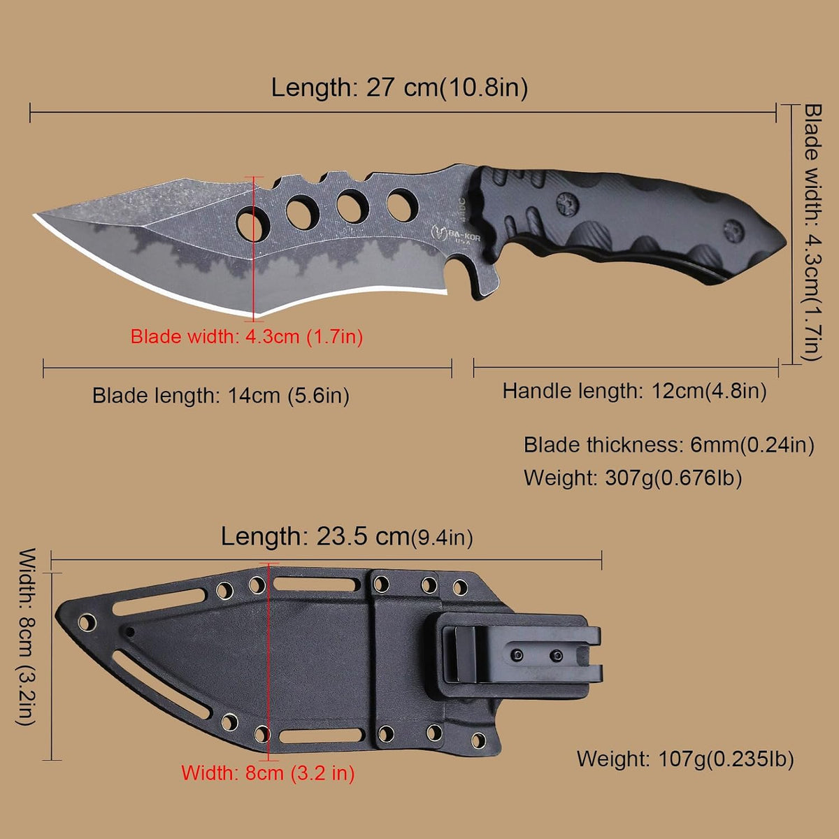 USA 6mm thick 440C steel (10.8in) (full Tang) fixed knife + sheath & (5.9in) cerium igniter, suitable for outdoor camping, survival, adventure, fishing, EDC, hunting knife