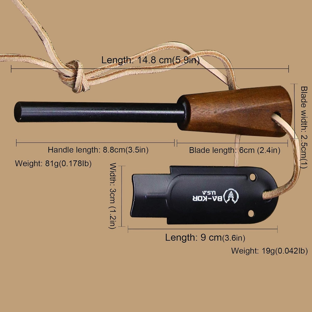 USA 6mm thick 440C steel (10.8in) (full Tang) fixed knife + sheath & (5.9in) cerium igniter, suitable for outdoor camping, survival, adventure, fishing, EDC, hunting knife