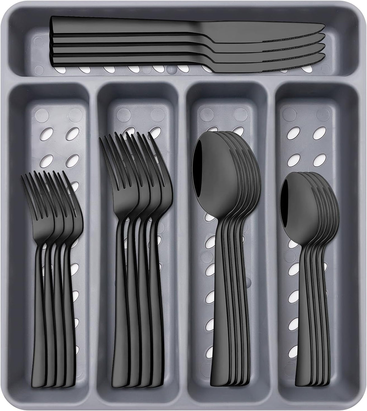 21-Piece Modern Black Silverware Set with Organizer Tray Stainless Steel Eating Utensil Sets Kitchen Knives Forks and Spoons Cutlery Set Heavy Duty Tableware Flatware Sets for 4, Dishwasher Safe