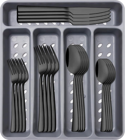 21-Piece Modern Black Silverware Set with Organizer Tray Stainless Steel Eating Utensil Sets Kitchen Knives Forks and Spoons Cutlery Set Heavy Duty Tableware Flatware Sets for 4, Dishwasher Safe