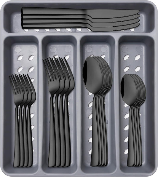 21-Piece Modern Black Silverware Set with Organizer Tray Stainless Steel Eating Utensil Sets Kitchen Knives Forks and Spoons Cutlery Set Heavy Duty Tableware Flatware Sets for 4, Dishwasher Safe