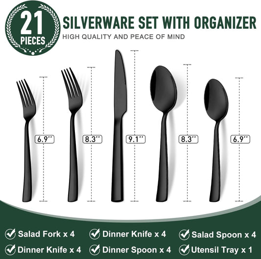 21-Piece Modern Black Silverware Set with Organizer Tray Stainless Steel Eating Utensil Sets Kitchen Knives Forks and Spoons Cutlery Set Heavy Duty Tableware Flatware Sets for 4, Dishwasher Safe
