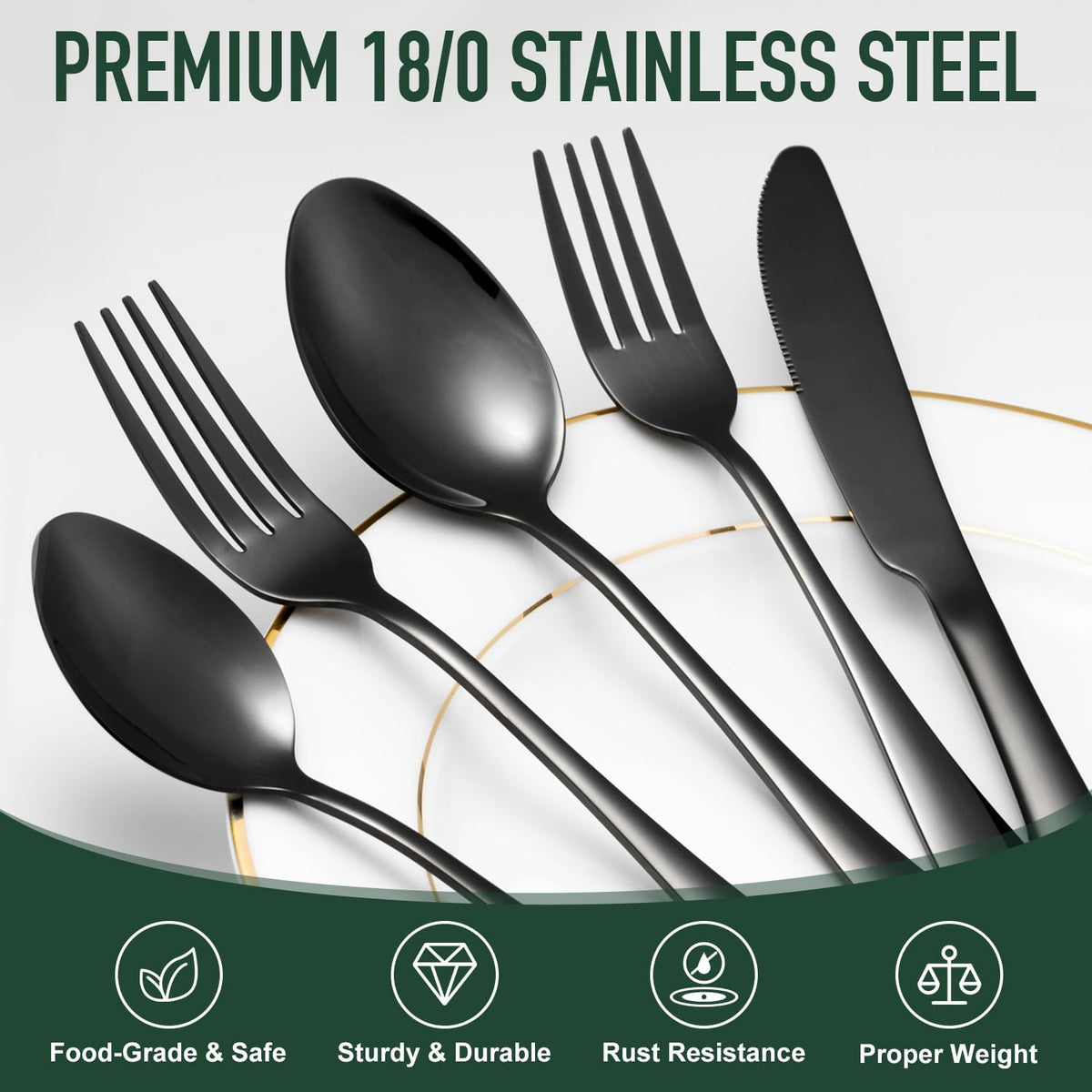 21-Piece Modern Black Silverware Set with Organizer Tray Stainless Steel Eating Utensil Sets Kitchen Knives Forks and Spoons Cutlery Set Heavy Duty Tableware Flatware Sets for 4, Dishwasher Safe