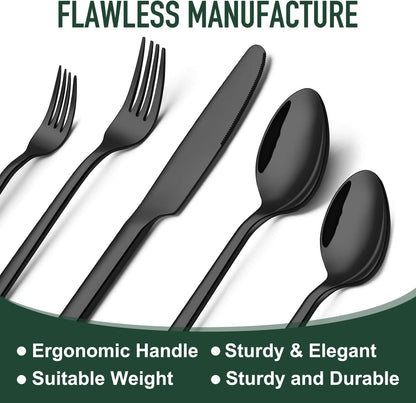 21-Piece Modern Black Silverware Set with Organizer Tray Stainless Steel Eating Utensil Sets Kitchen Knives Forks and Spoons Cutlery Set Heavy Duty Tableware Flatware Sets for 4, Dishwasher Safe