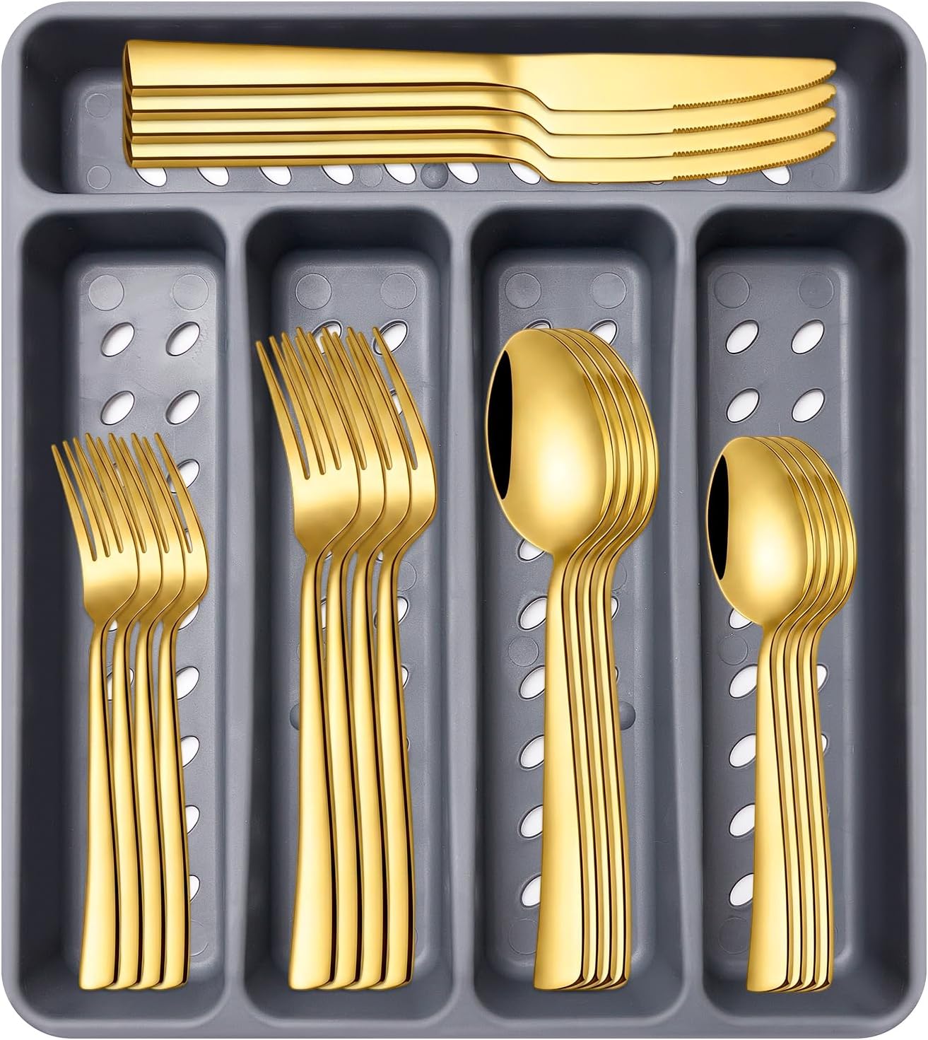 21-Piece Modern Black Silverware Set with Organizer Tray Stainless Steel Eating Utensil Sets Kitchen Knives Forks and Spoons Cutlery Set Heavy Duty Tableware Flatware Sets for 4, Dishwasher Safe