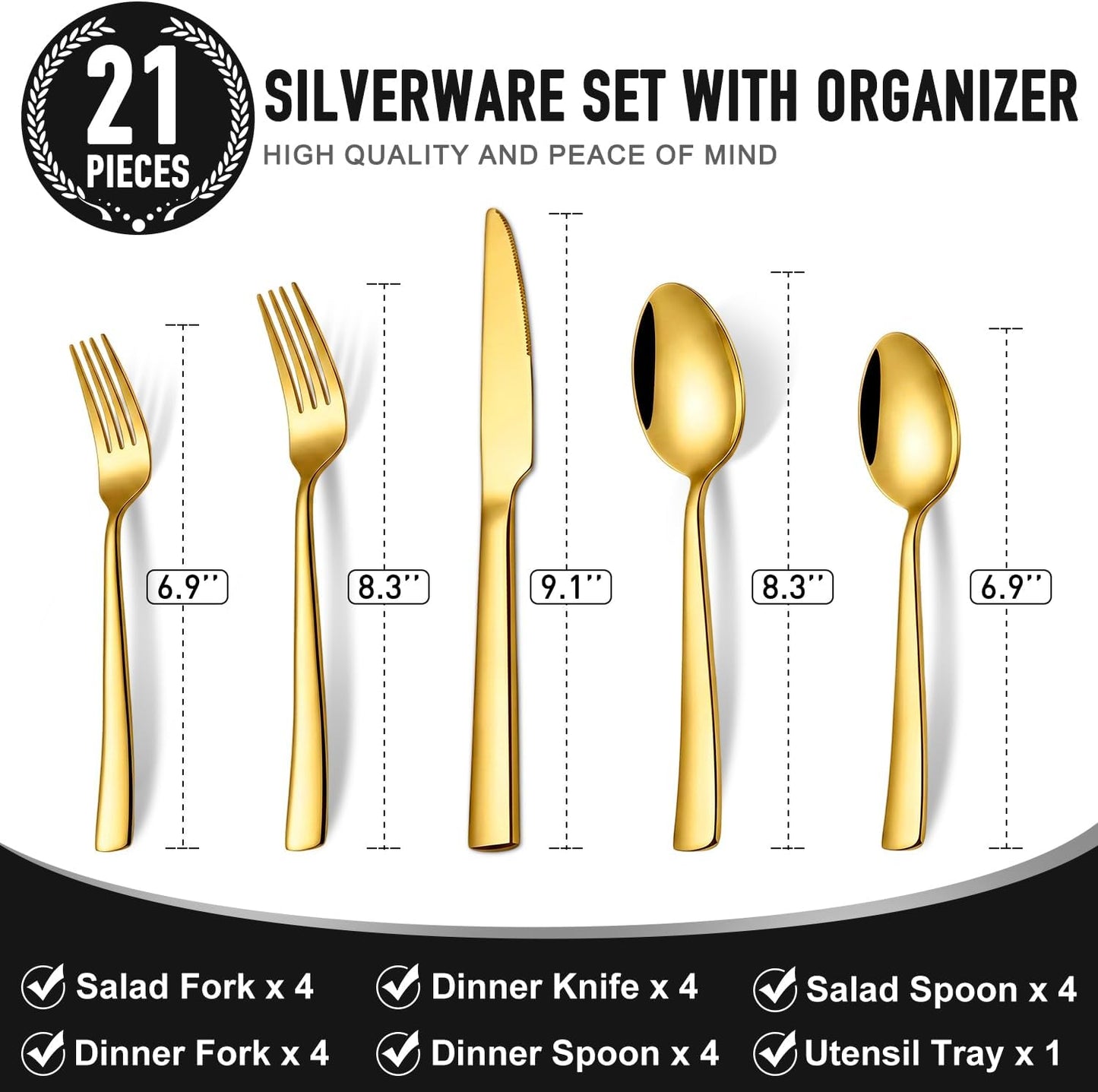 21-Piece Modern Black Silverware Set with Organizer Tray Stainless Steel Eating Utensil Sets Kitchen Knives Forks and Spoons Cutlery Set Heavy Duty Tableware Flatware Sets for 4, Dishwasher Safe