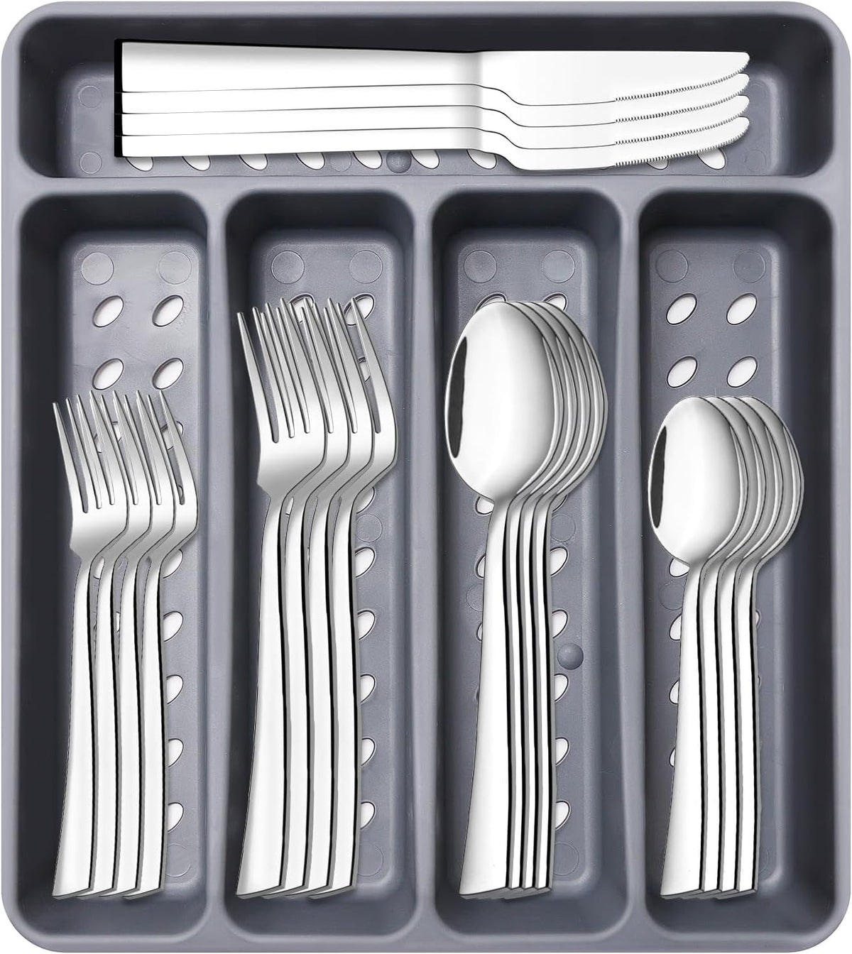21-Piece Modern Black Silverware Set with Organizer Tray Stainless Steel Eating Utensil Sets Kitchen Knives Forks and Spoons Cutlery Set Heavy Duty Tableware Flatware Sets for 4, Dishwasher Safe