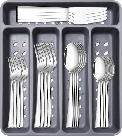 21-Piece Modern Black Silverware Set with Organizer Tray Stainless Steel Eating Utensil Sets Kitchen Knives Forks and Spoons Cutlery Set Heavy Duty Tableware Flatware Sets for 4, Dishwasher Safe