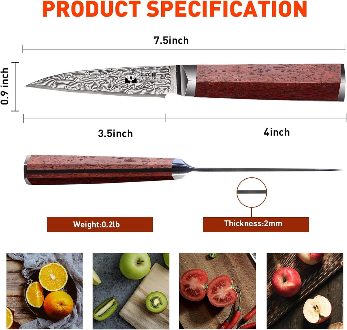 Damascus Paring Knife 3.5-inch Fruit and Vegetable Paring Knife 67-Layer Damascus with VG10 Cutting Core Peeling Knife with Full Tang Ergonomic Natural Wood Handle for Peeling