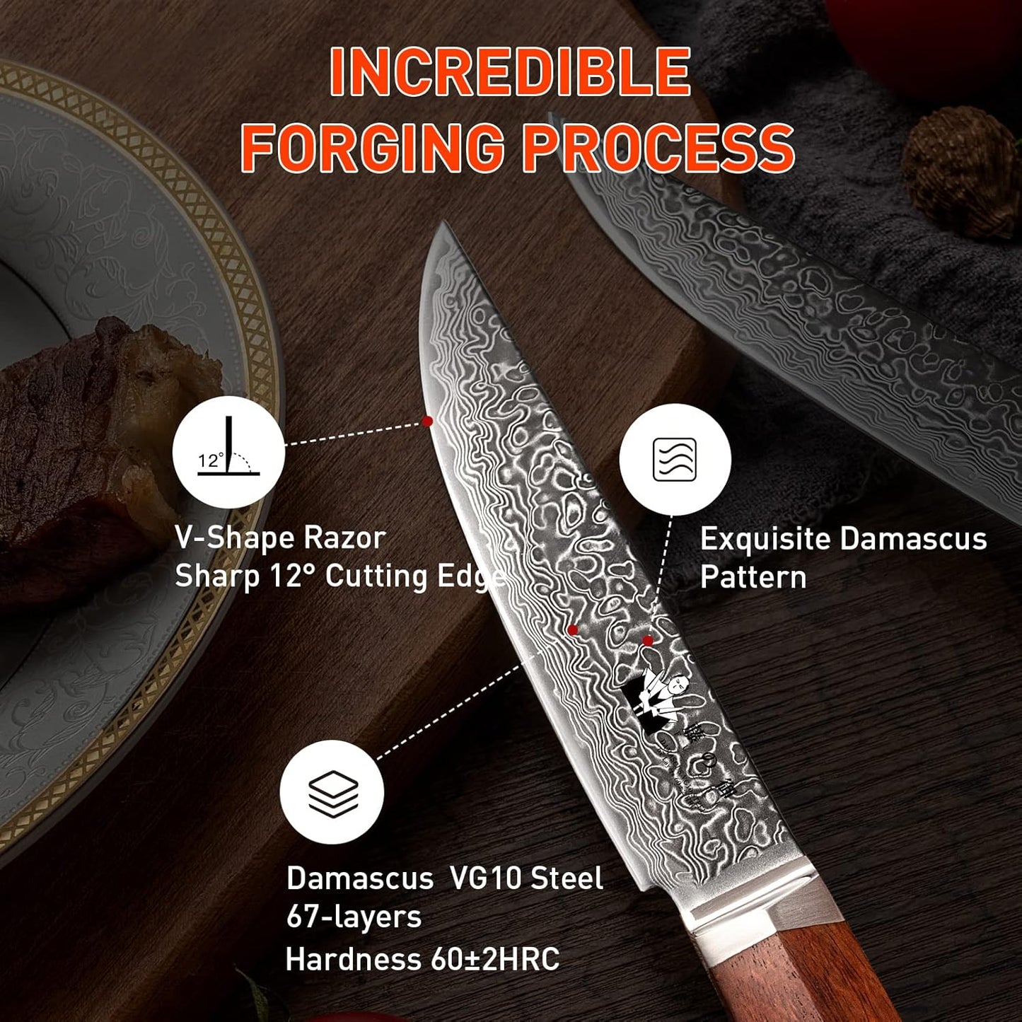 Damascus Paring Knife 3.5-inch Fruit and Vegetable Paring Knife 67-Layer Damascus with VG10 Cutting Core Peeling Knife with Full Tang Ergonomic Natural Wood Handle for Peeling