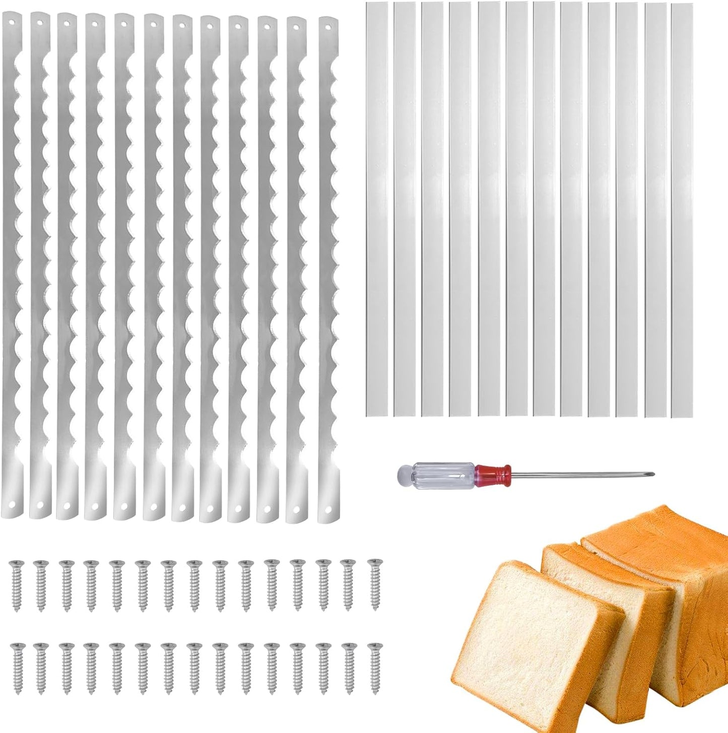 12 Pcs Bread Bow Knife Blades, 10.8" Serrated Stainless Steel blades with Screws, Screwdriver, and Safety Guard, Replacement for Wood Bread Cutter, Bow Bread Knife Replacement Blades