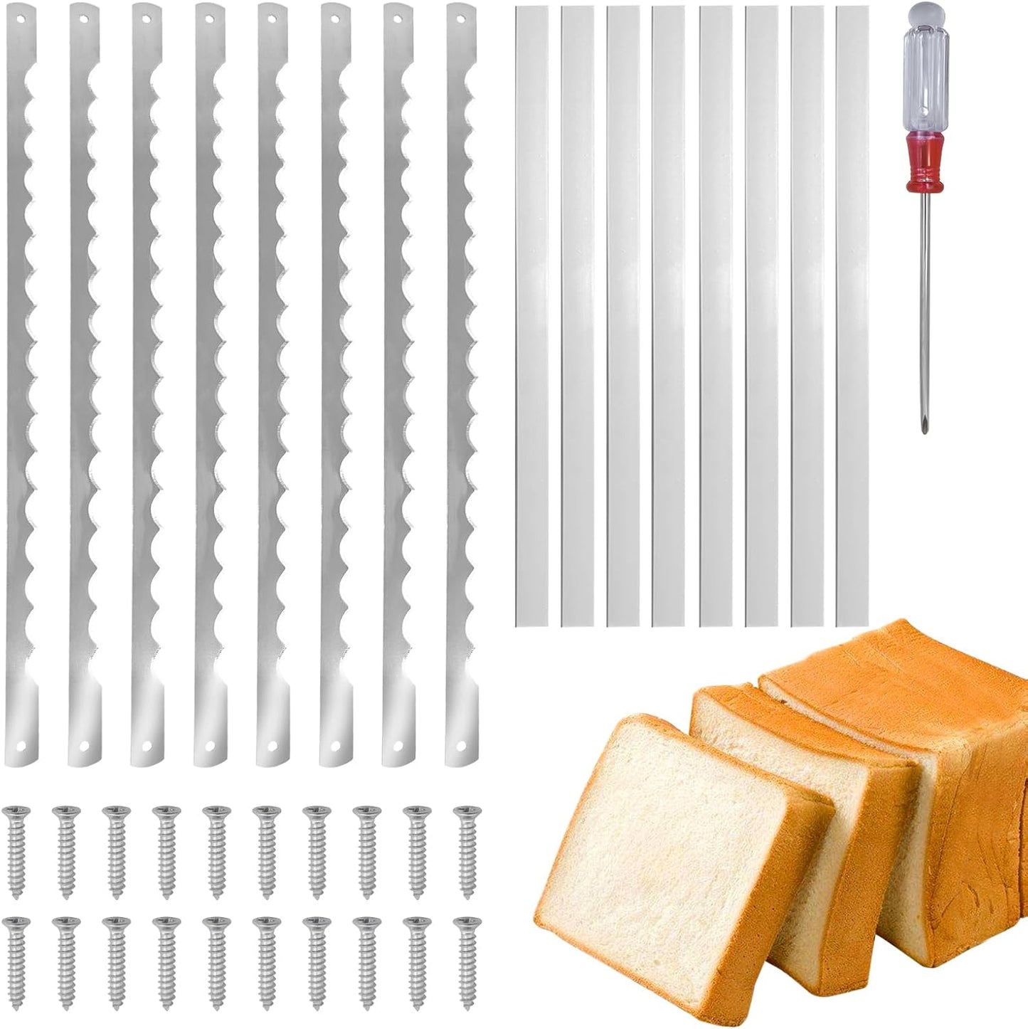 12 Pcs Bread Bow Knife Blades, 10.8" Serrated Stainless Steel blades with Screws, Screwdriver, and Safety Guard, Replacement for Wood Bread Cutter, Bow Bread Knife Replacement Blades