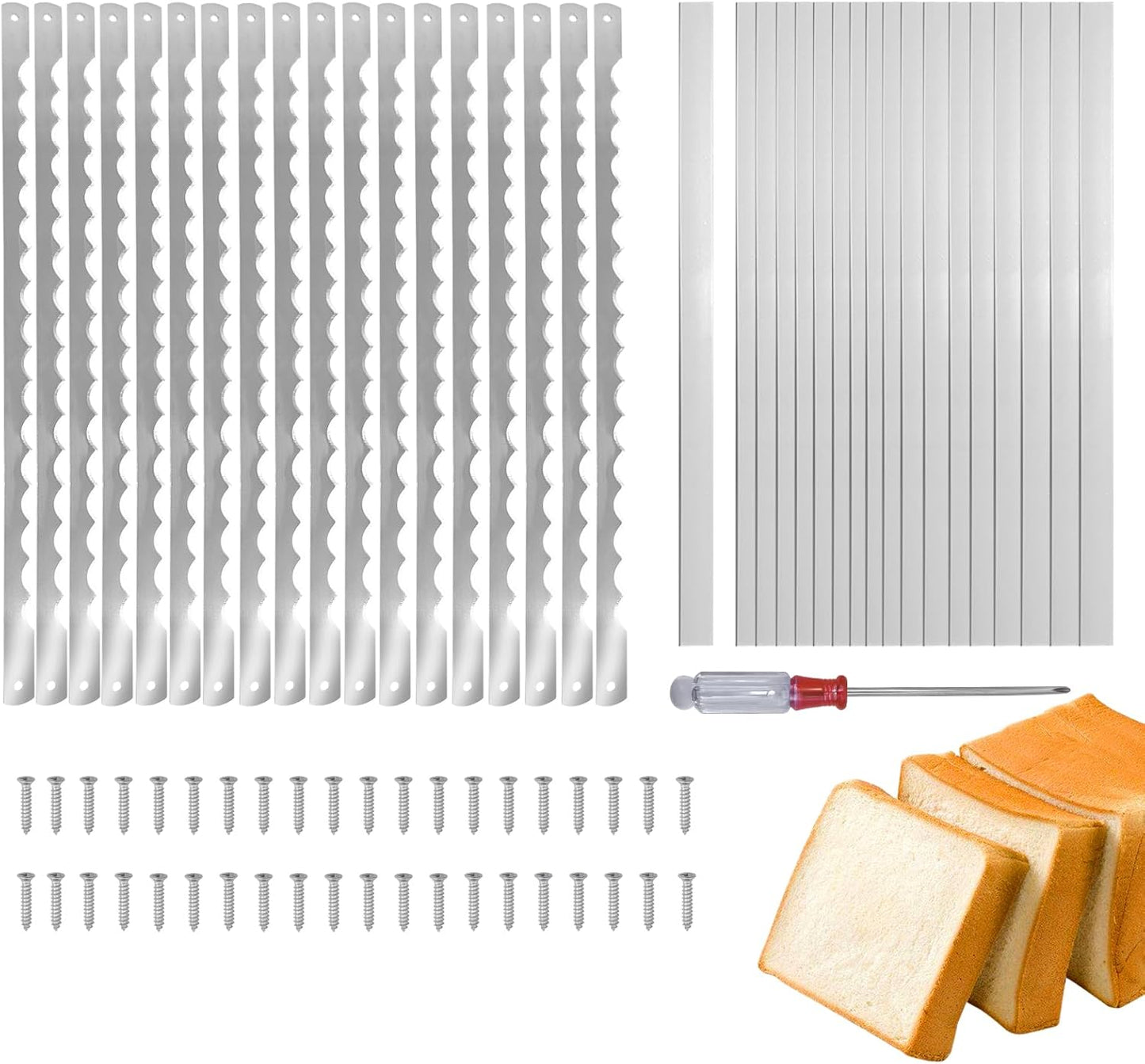 12 Pcs Bread Bow Knife Blades, 10.8" Serrated Stainless Steel blades with Screws, Screwdriver, and Safety Guard, Replacement for Wood Bread Cutter, Bow Bread Knife Replacement Blades
