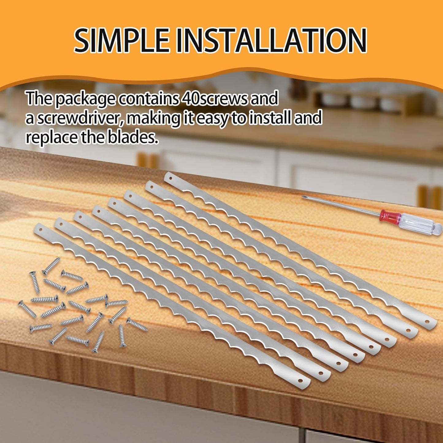 12 Pcs Bread Bow Knife Blades, 10.8" Serrated Stainless Steel blades with Screws, Screwdriver, and Safety Guard, Replacement for Wood Bread Cutter, Bow Bread Knife Replacement Blades