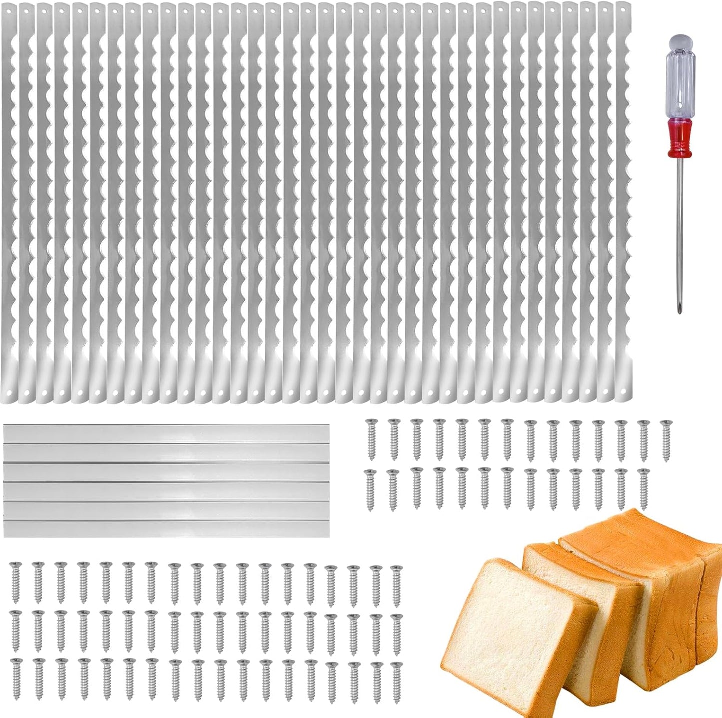 12 Pcs Bread Bow Knife Blades, 10.8" Serrated Stainless Steel blades with Screws, Screwdriver, and Safety Guard, Replacement for Wood Bread Cutter, Bow Bread Knife Replacement Blades