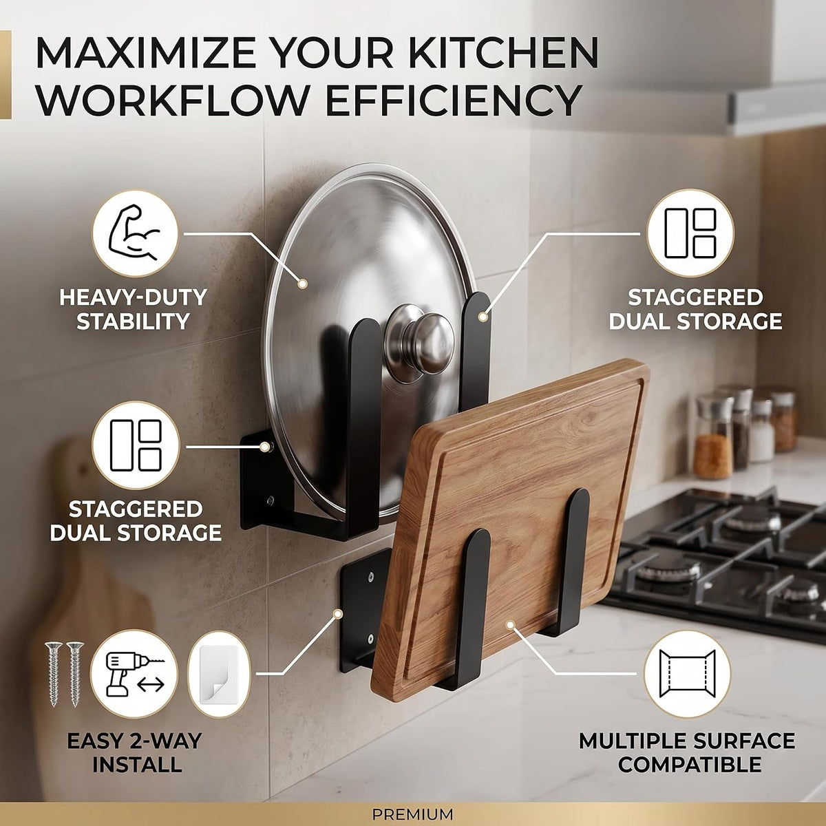 Pot Lid Organizer Rack, Wall Pot Lid Holder Hanging Cutting Board Storage Rack for Kitchen Utensil default