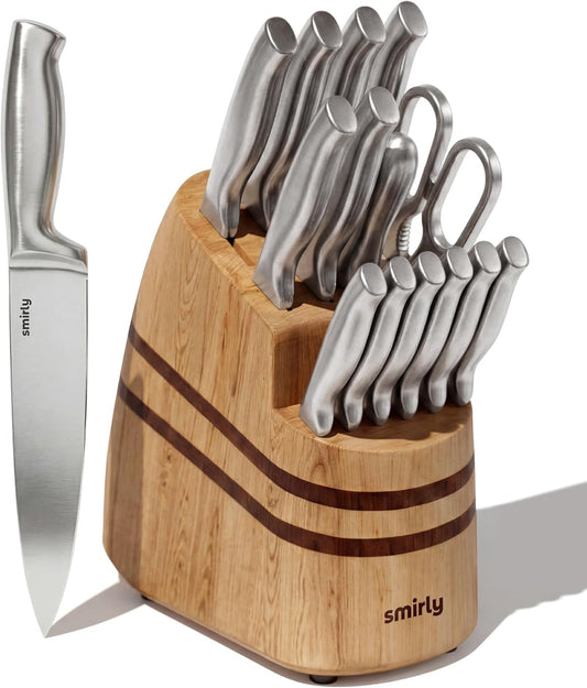15 Piece Knife Set with Block for Kitchen - Stainless Steel Knives | Heavy Duty Knife Block with Sharpener Rod, High Carbon Stainless Steel Knives, Dishwasher Safe, Ergonomic Handle