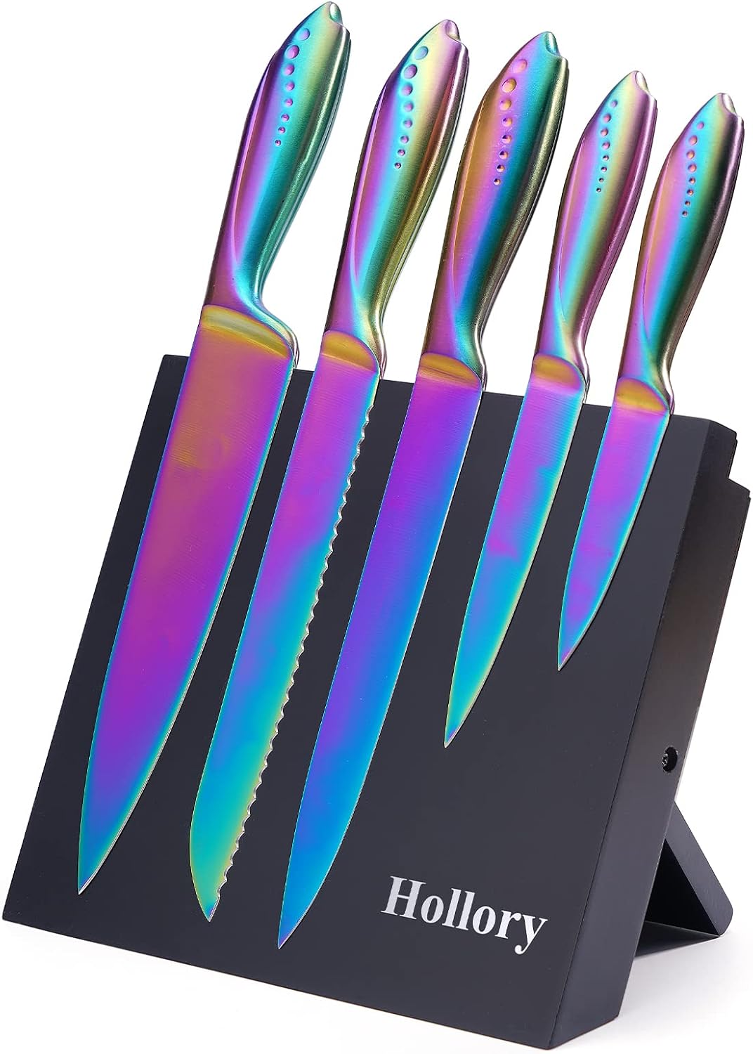 Rainbow Knives Block Set 6 Pieces, Iridescent German High Carbon Stainless Steel Kitchen Knives Pack with Magnetic Knife Display Rack