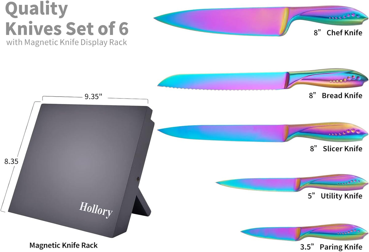 Rainbow Knives Block Set 6 Pieces, Iridescent German High Carbon Stainless Steel Kitchen Knives Pack with Magnetic Knife Display Rack