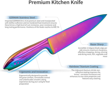Rainbow Knives Block Set 6 Pieces, Iridescent German High Carbon Stainless Steel Kitchen Knives Pack with Magnetic Knife Display Rack