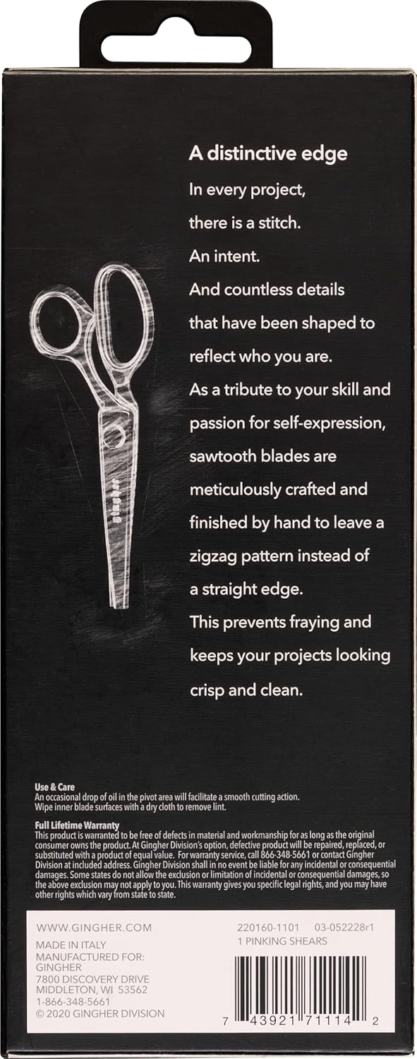 Gingher 7.5" Pinking Shears for Fabric Cutting, Zig Zag Scissor Blades | Prevent Fraying, Cut Decorative Edges for Sewing & Quilting, Forged Steel, Professional-Grade Dressmaking Supplies