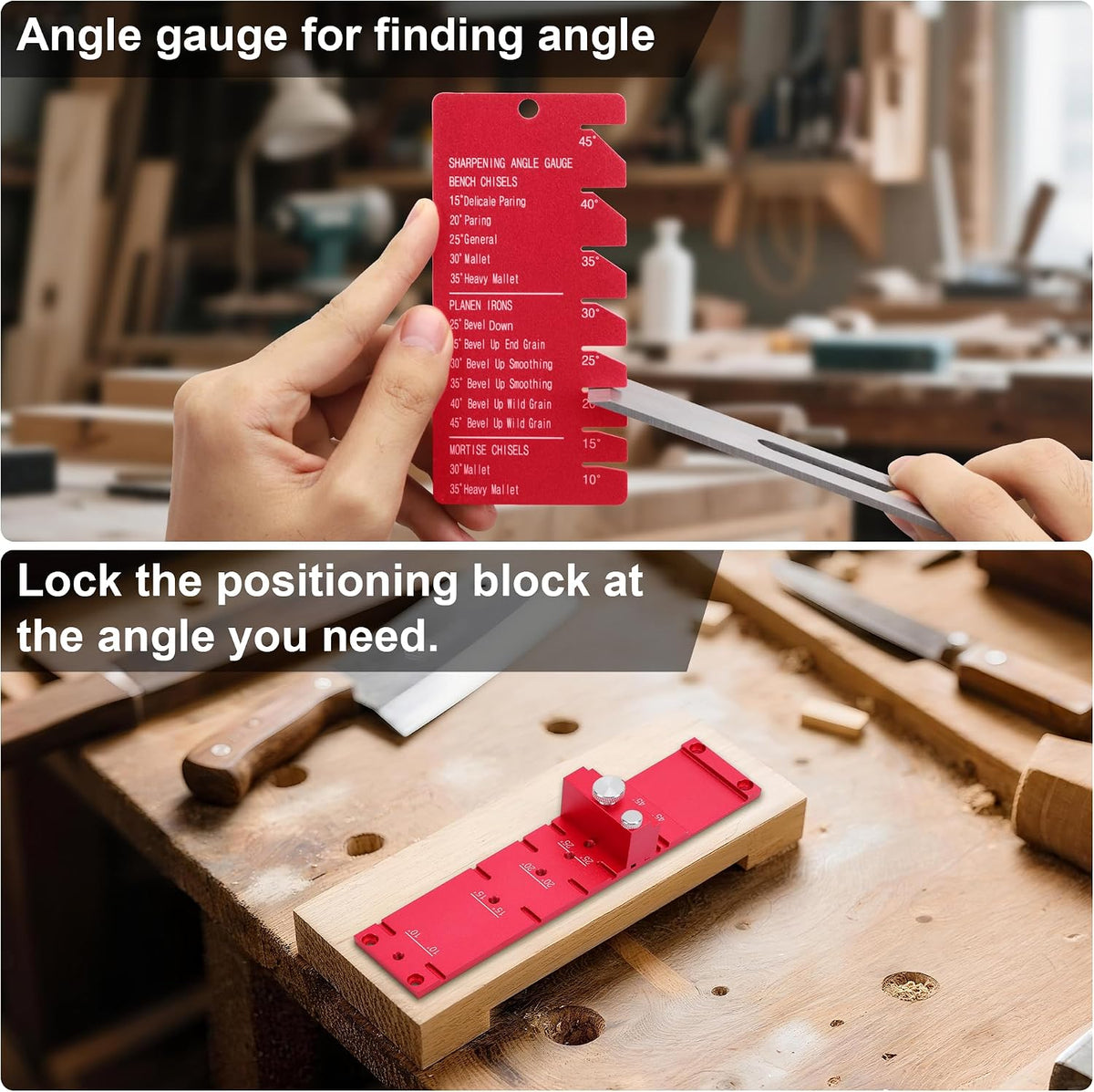 Chisel Sharpening Jig, Honing Guide for Woodworking Chisels and Planes Width 0.1" to 2.8", Metal Chisel Sharpening Kit with Angle Fixture and Angle Gague, Pink Red