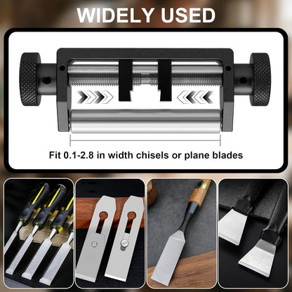 Chisel Sharpening Jig, Honing Guide for Woodworking Chisels and Planes Width 0.1" to 2.8", Metal Chisel Sharpening Kit with Angle Fixture and Angle Gague, Pink Red