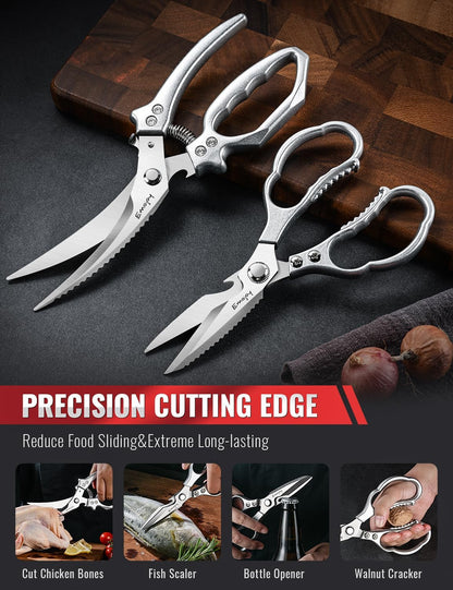 2-Piece Kitchen Scissors Set with Poultry Shears, Japanese Stainless Steel Kitchen Shear, All Purpose Scissor for Food, Chicken Bones, Dishwasher Safe