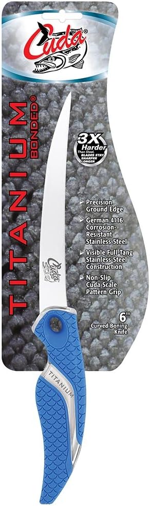 6" Curved Boning 18833 Titanium Bonded Corrosion Resistant Stainless Steel Blade Fish Knife with Precision Ground Edge & Non-Slip Grip For Freshwater Use