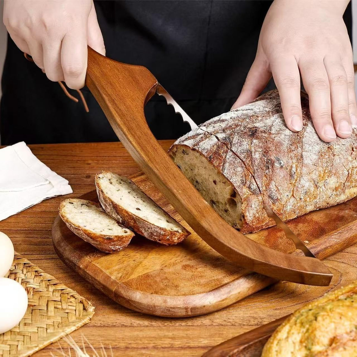 Wooden Bread Bow Cutter Serrated Bagel Cutter Sourdough Bread Slicer Portable Bread Cutting Tool Kitchen Baking Pastry Tool blade length：10.5in