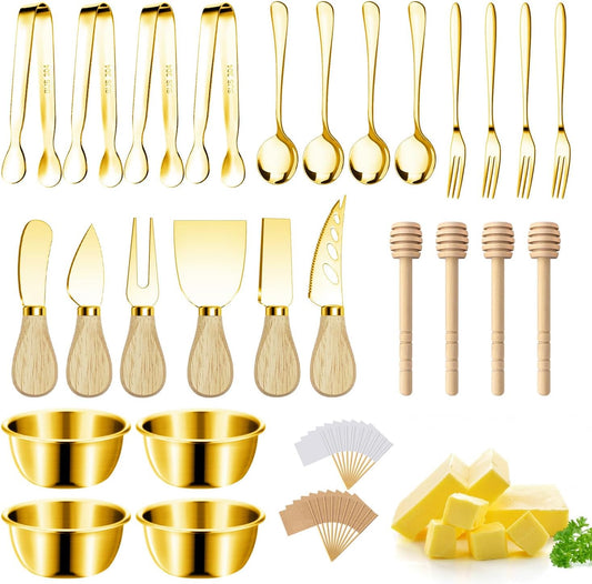 Charcuterie Boards Accessories Gold Charcuterie Utensils Cheese Butter Spreader Knife Set Small Serving Tongs Forks and Spoons Dipping Bowls Honey Dippers Toothpick Flags for Party Platter Making