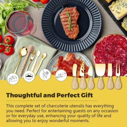 Charcuterie Boards Accessories Gold Charcuterie Utensils Cheese Butter Spreader Knife Set Small Serving Tongs Forks and Spoons Dipping Bowls Honey Dippers Toothpick Flags for Party Platter Making